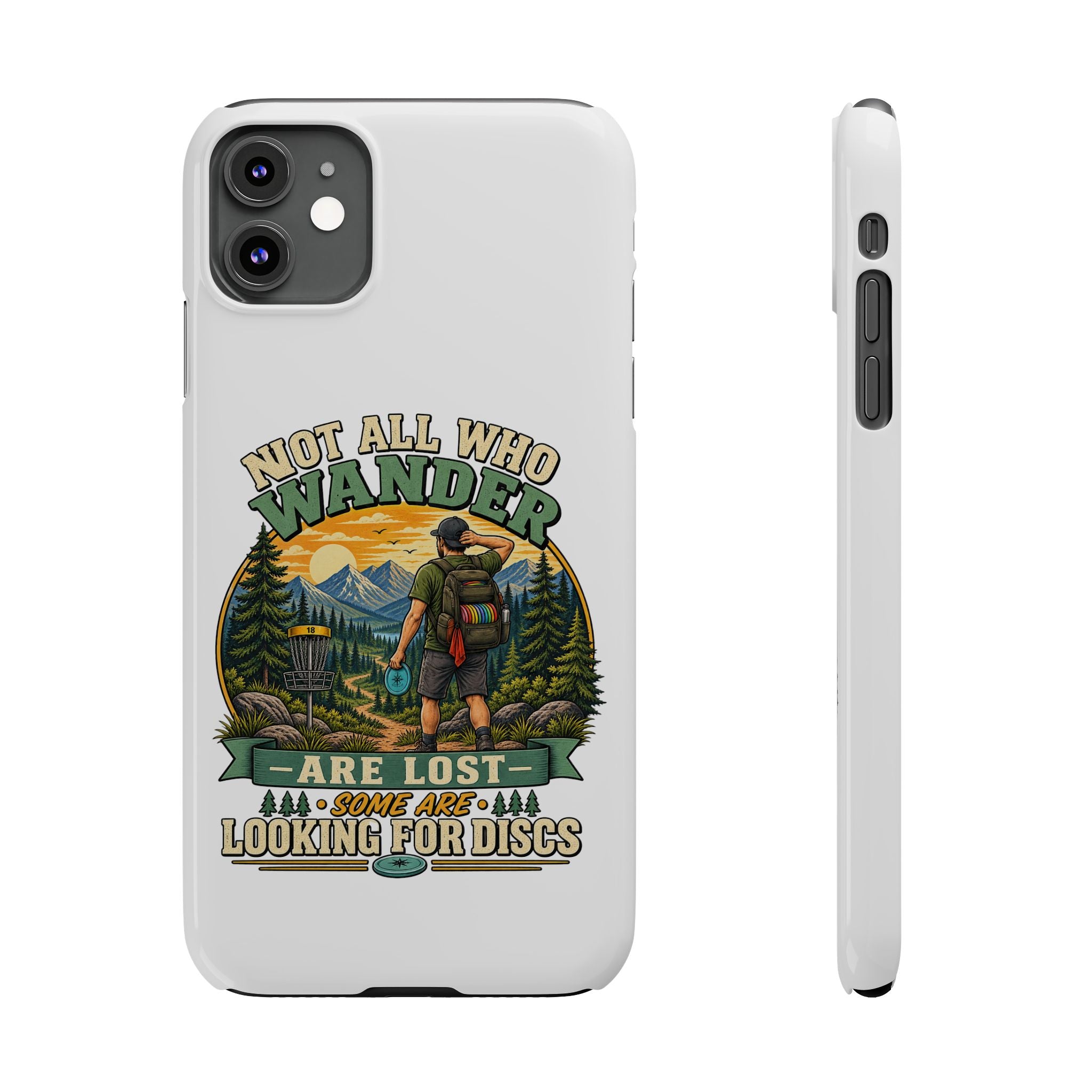 Slim phone case with hiking disc golf design