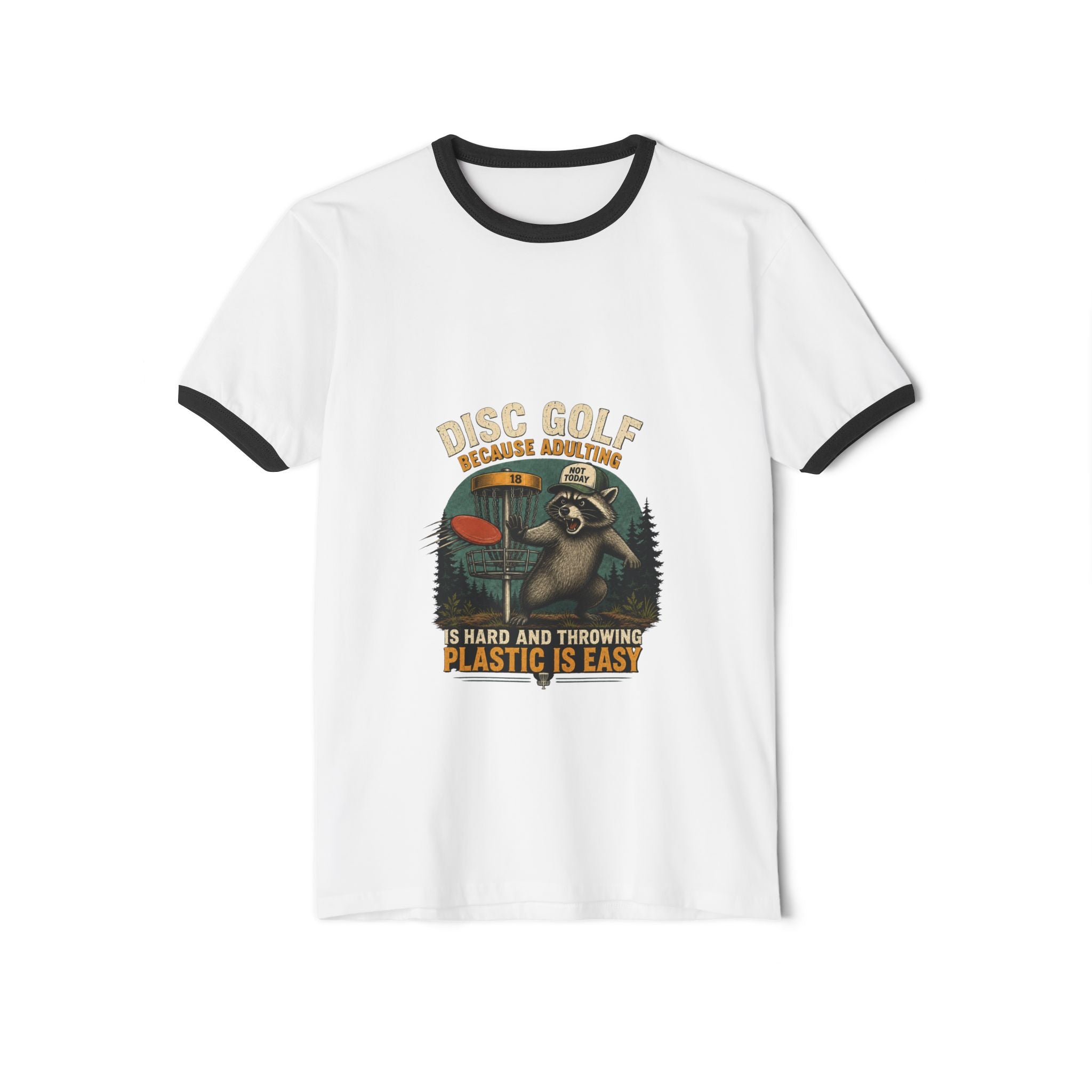 Disc golf ringer tee with retro raccoon graphic