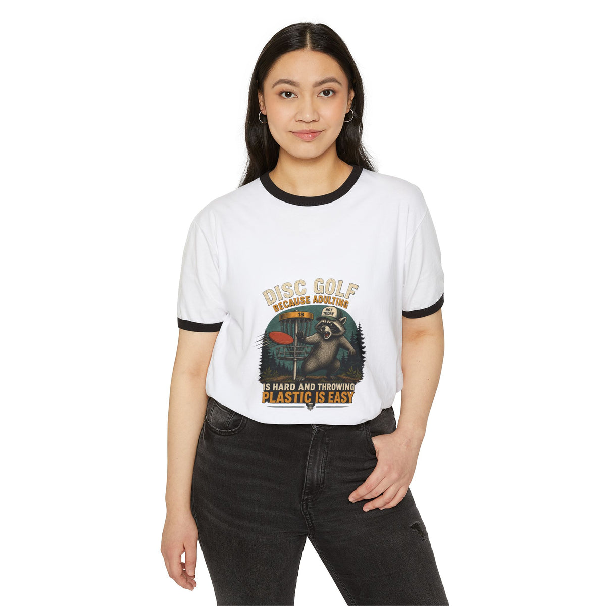 Disc Golf Ringer Tee — “So Hard and Throwing Plastic Is Easy” Retro Raccoon Design