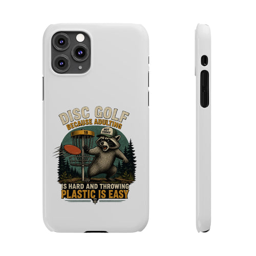 Slim phone case with disc golf raccoon design