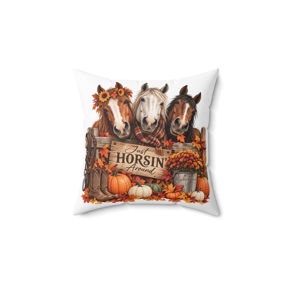 Just Horsin’ Around Fall Horse Pillow | Equestrian Autumn Throw Pillow | Horse Lover Farmhouse Decor | Rustic Harvest Pillow