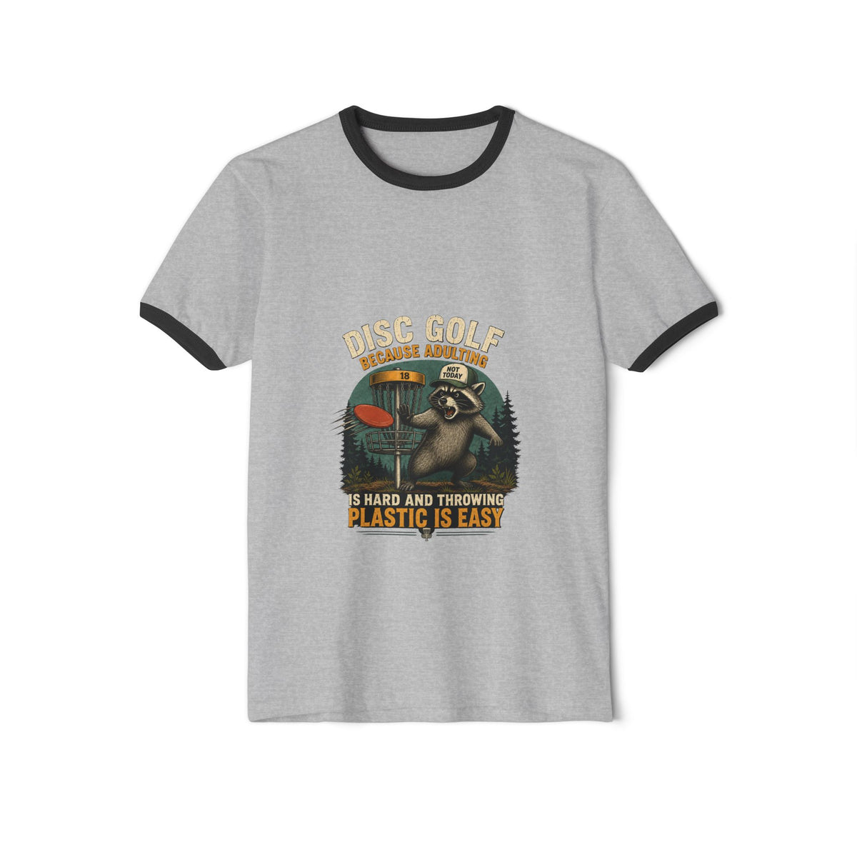 Disc golf ringer tee with retro raccoon graphic