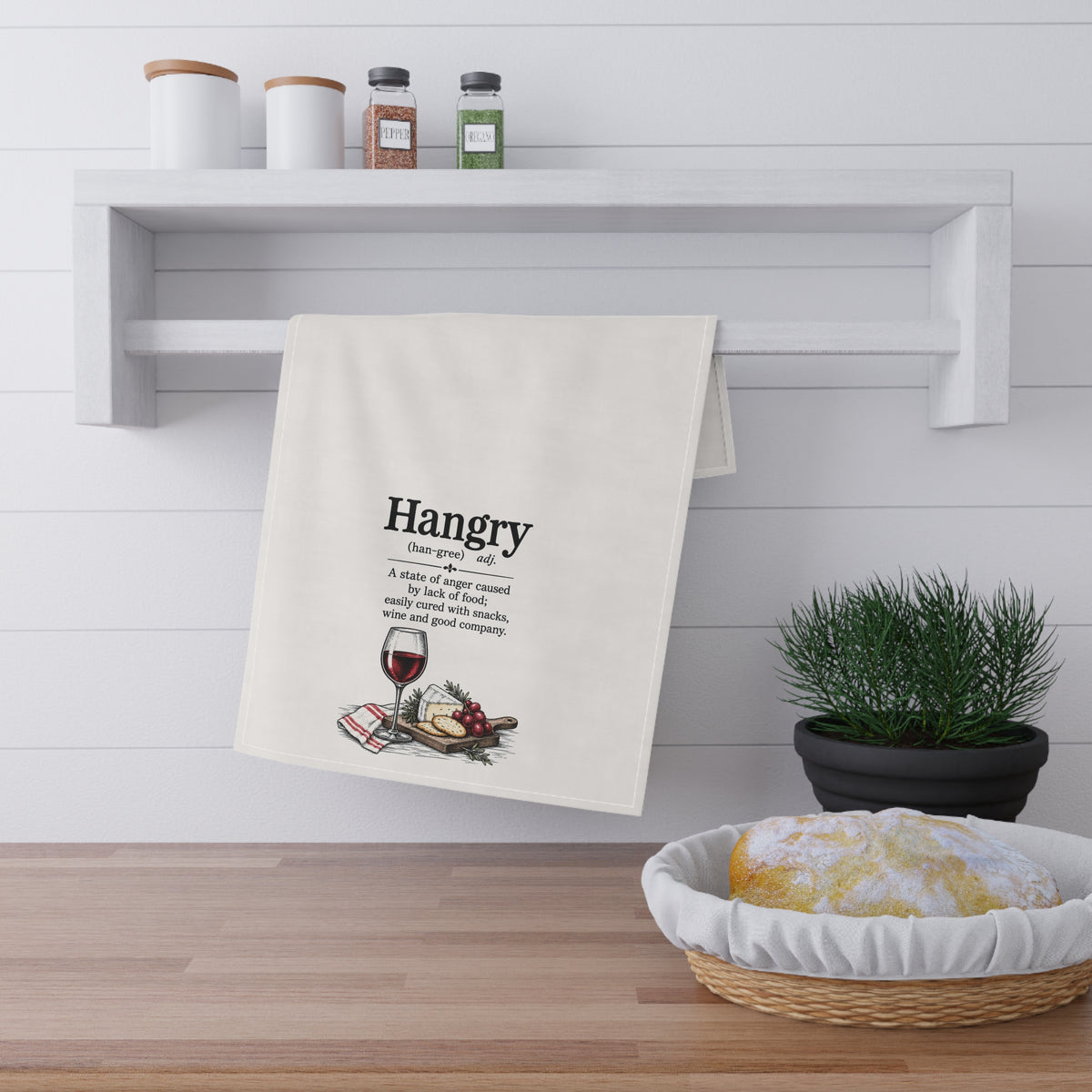 Hangry Definition Cotton Tea Towel — Funny Wine & Cheese Kitchen Towel