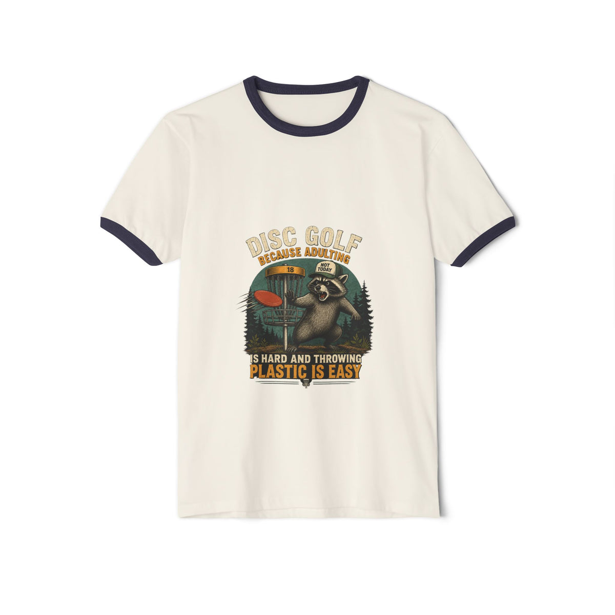 Disc golf ringer tee with retro raccoon graphic