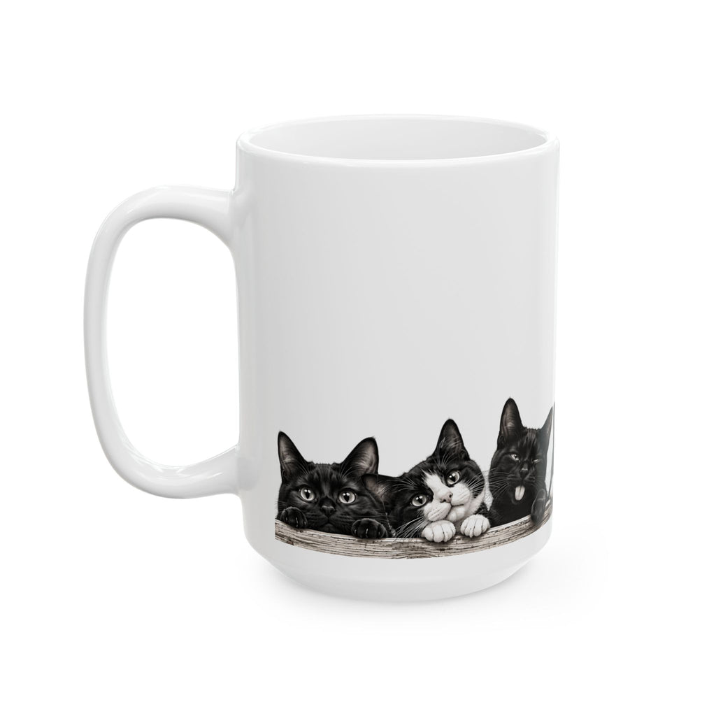 Peekaboo Kittens Ceramic Mug — Cute Black & White Cat Coffee Cup 15 oz