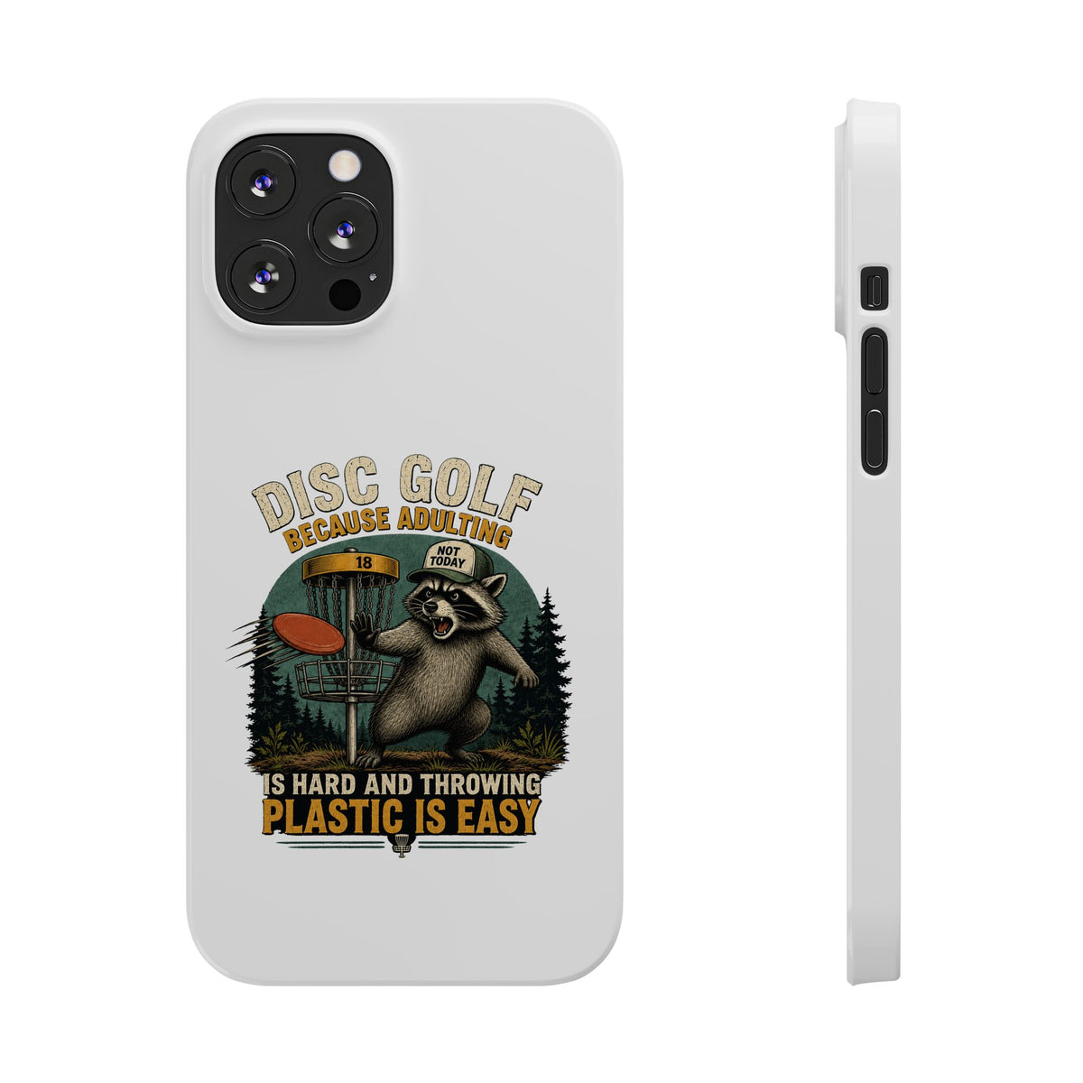 Slim phone case with disc golf raccoon design