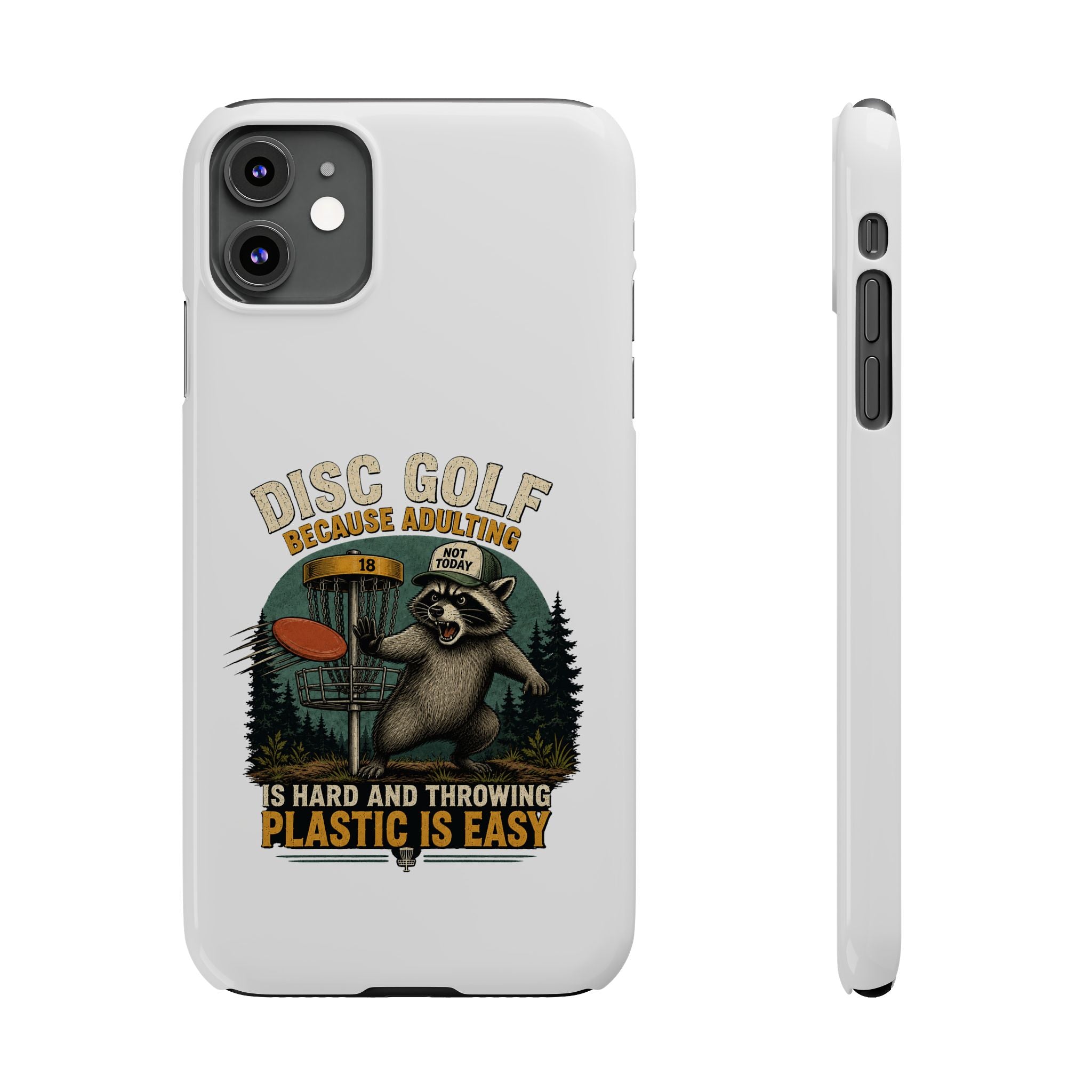 Slim phone case with disc golf raccoon design