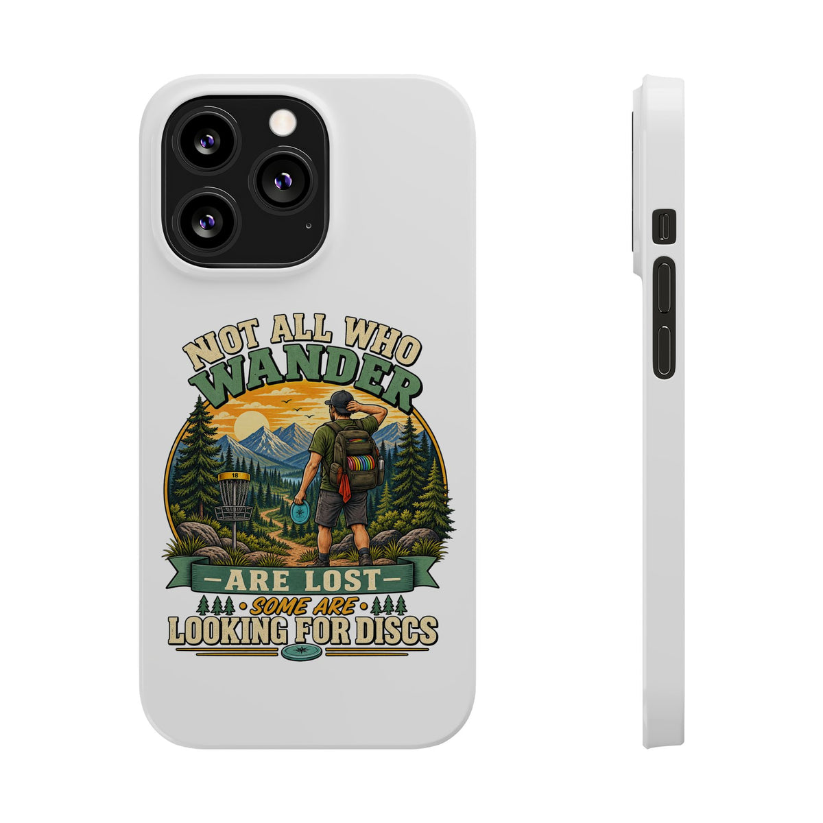 Slim phone case with hiking disc golf design