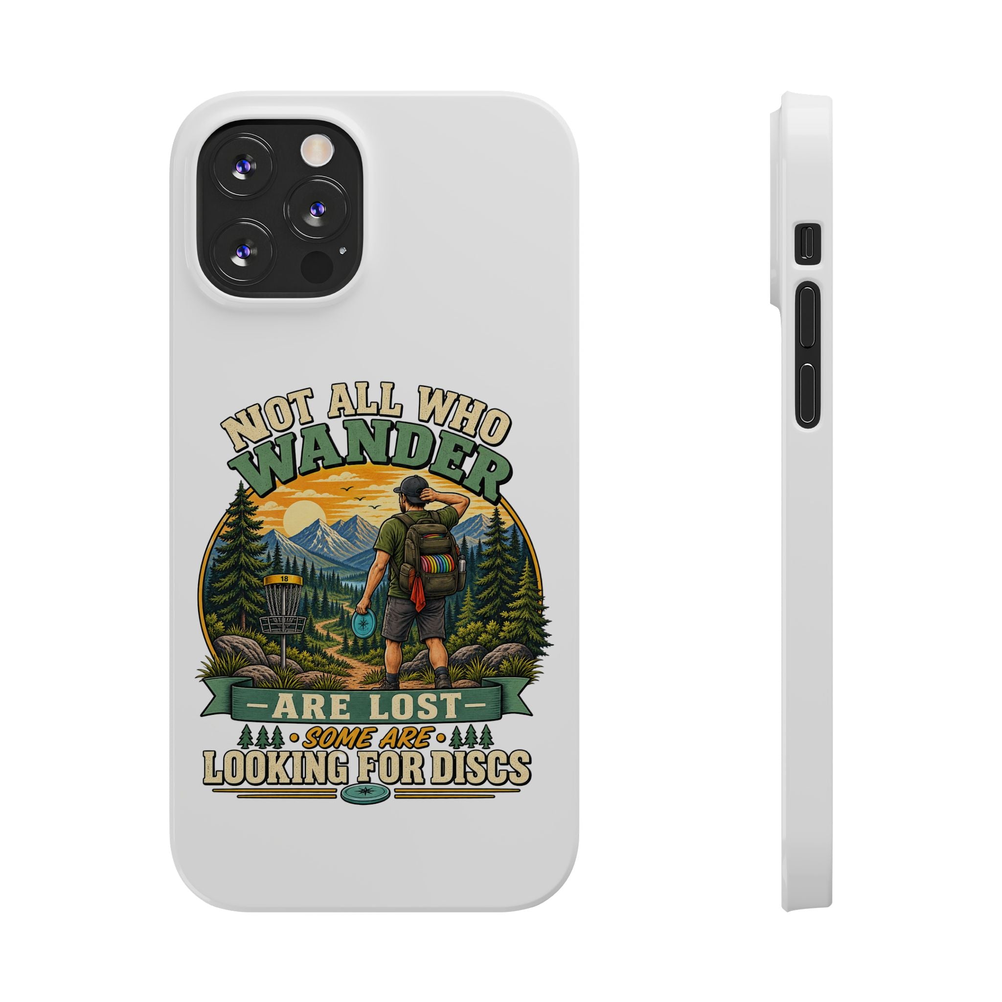 Slim phone case with hiking disc golf design