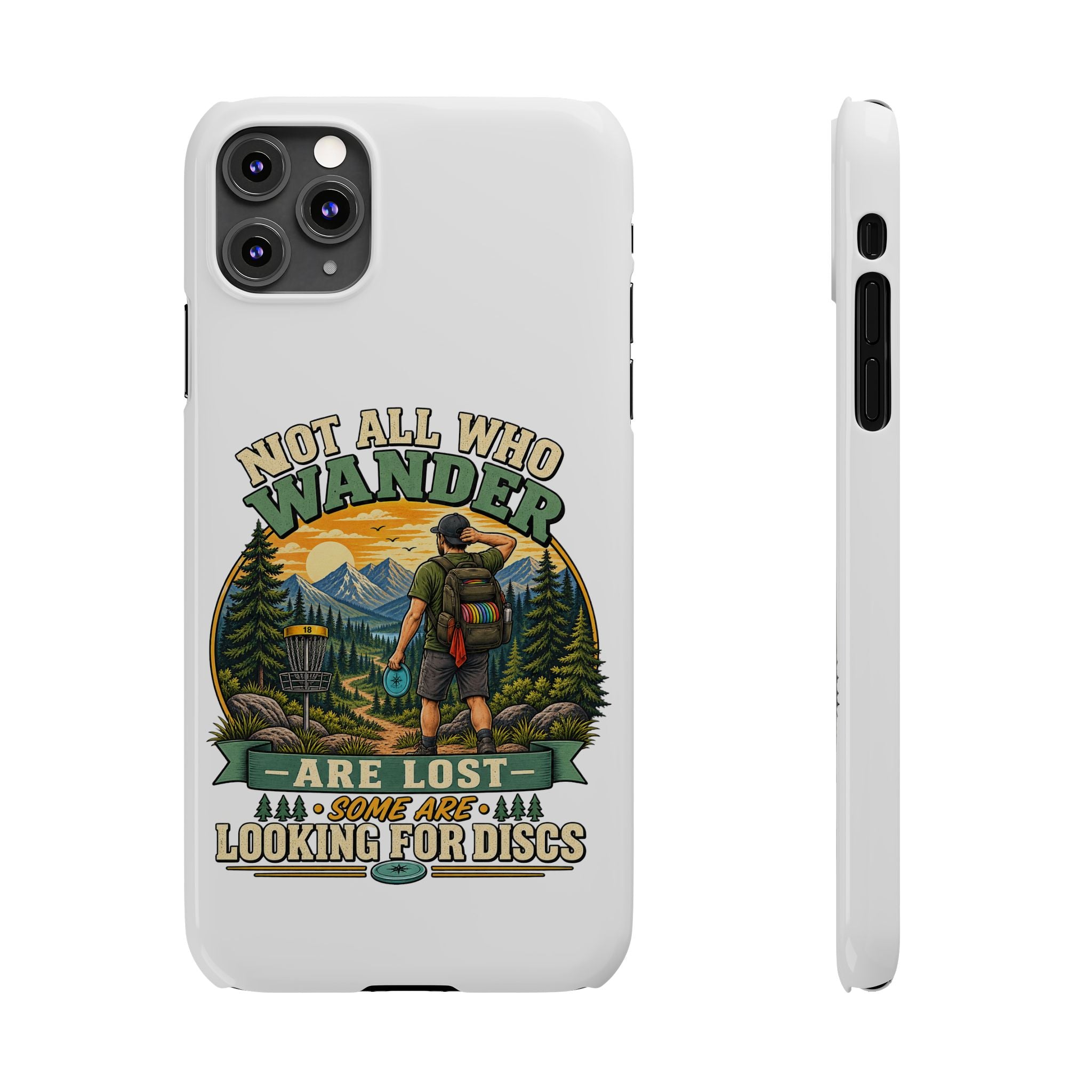 Slim phone case with hiking disc golf design
