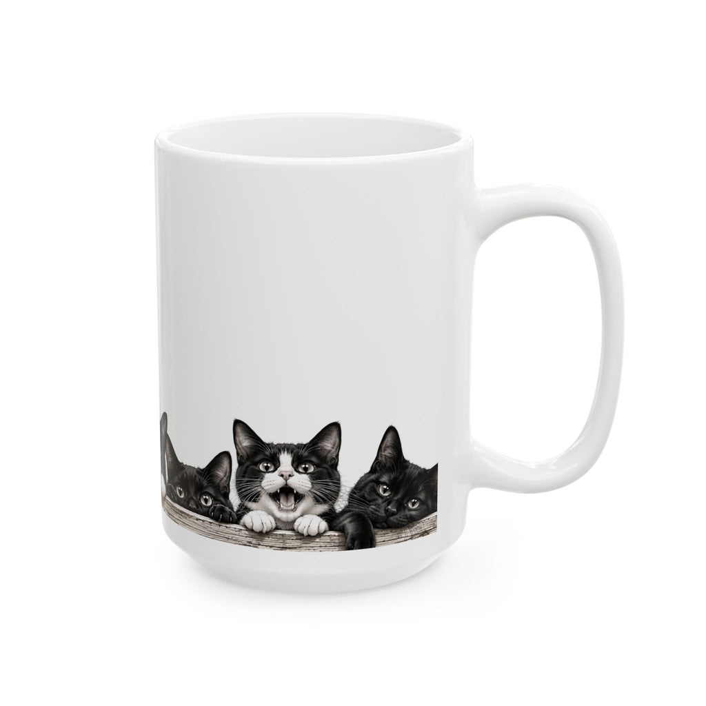 Peekaboo Kittens Ceramic Mug — Cute Black & White Cat Coffee Cup 15 oz