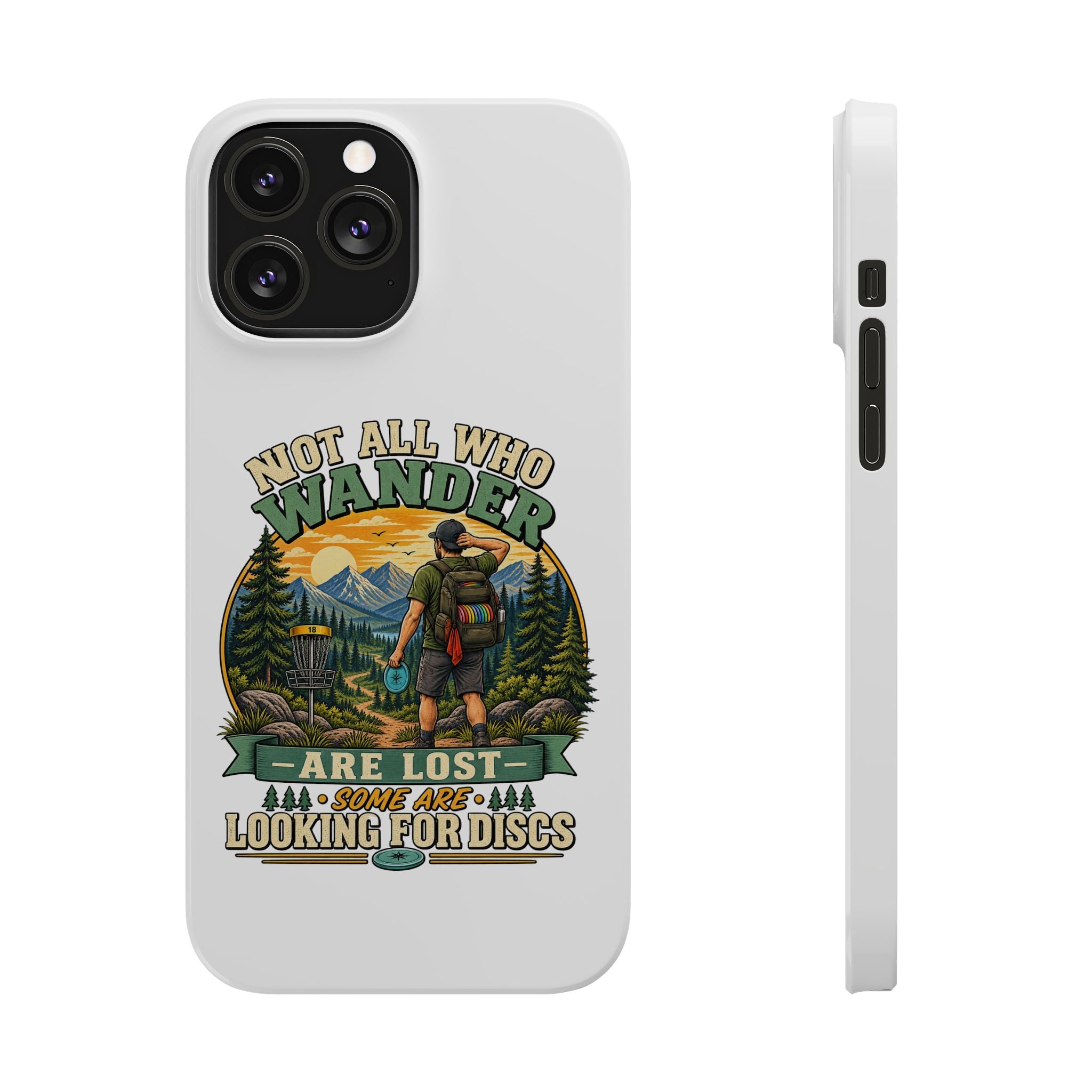 Slim phone case with hiking disc golf design