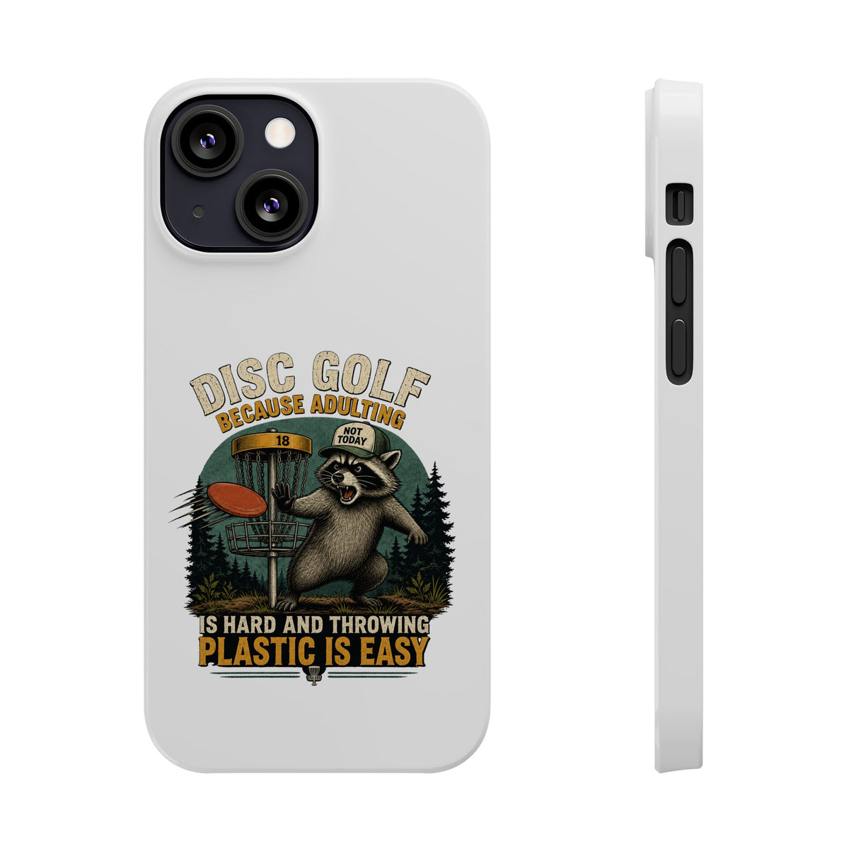 Slim phone case with disc golf raccoon design