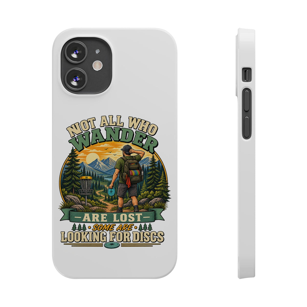 Slim phone case with hiking disc golf design