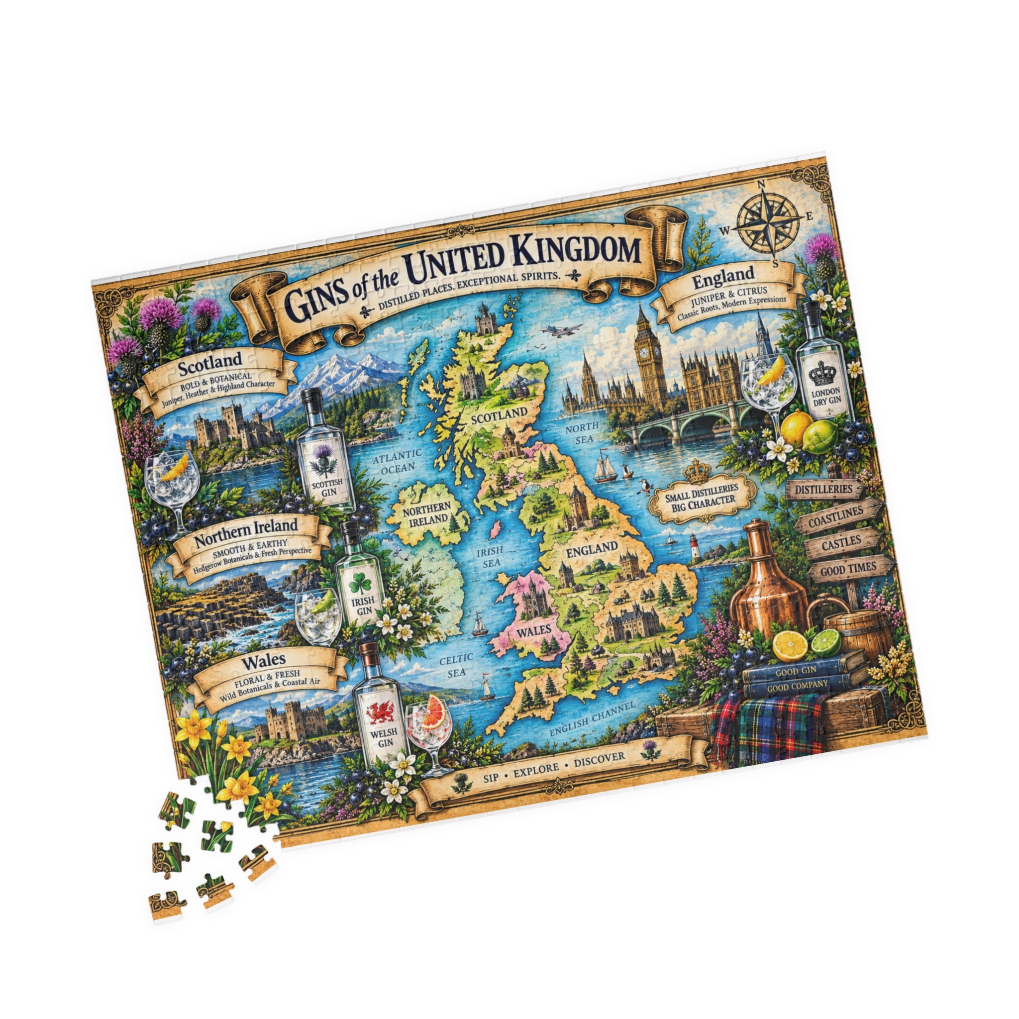 Gins of the United Kingdom Puzzle | UK Gin Map Jigsaw Puzzle | British Travel Gift | Gin Lover Gift | Adult Puzzle | England Scotland Wales