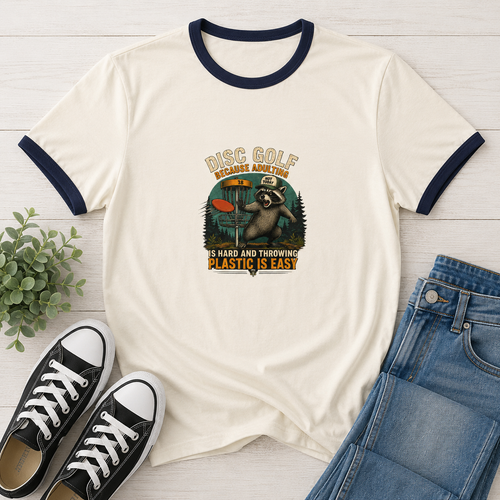 Disc golf ringer tee with retro raccoon graphic
