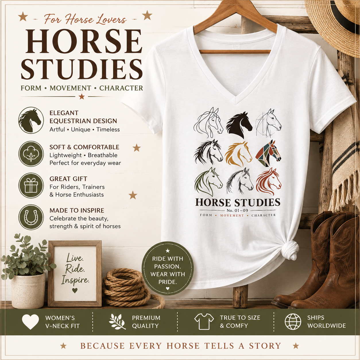 Horse Studies women's heather V-neck tee with horse head graphic