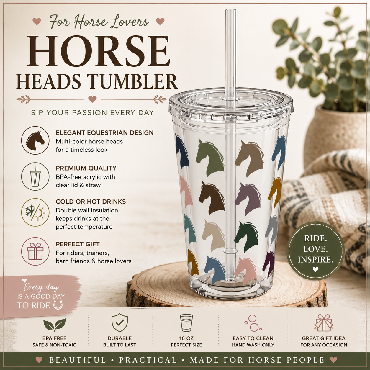 16oz insulated tumbler with horse head pattern