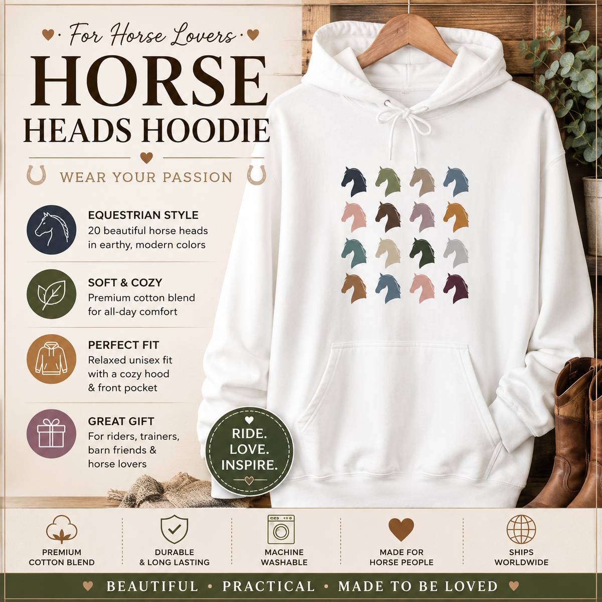 Minimal horse head pattern hoodie in pastel tones