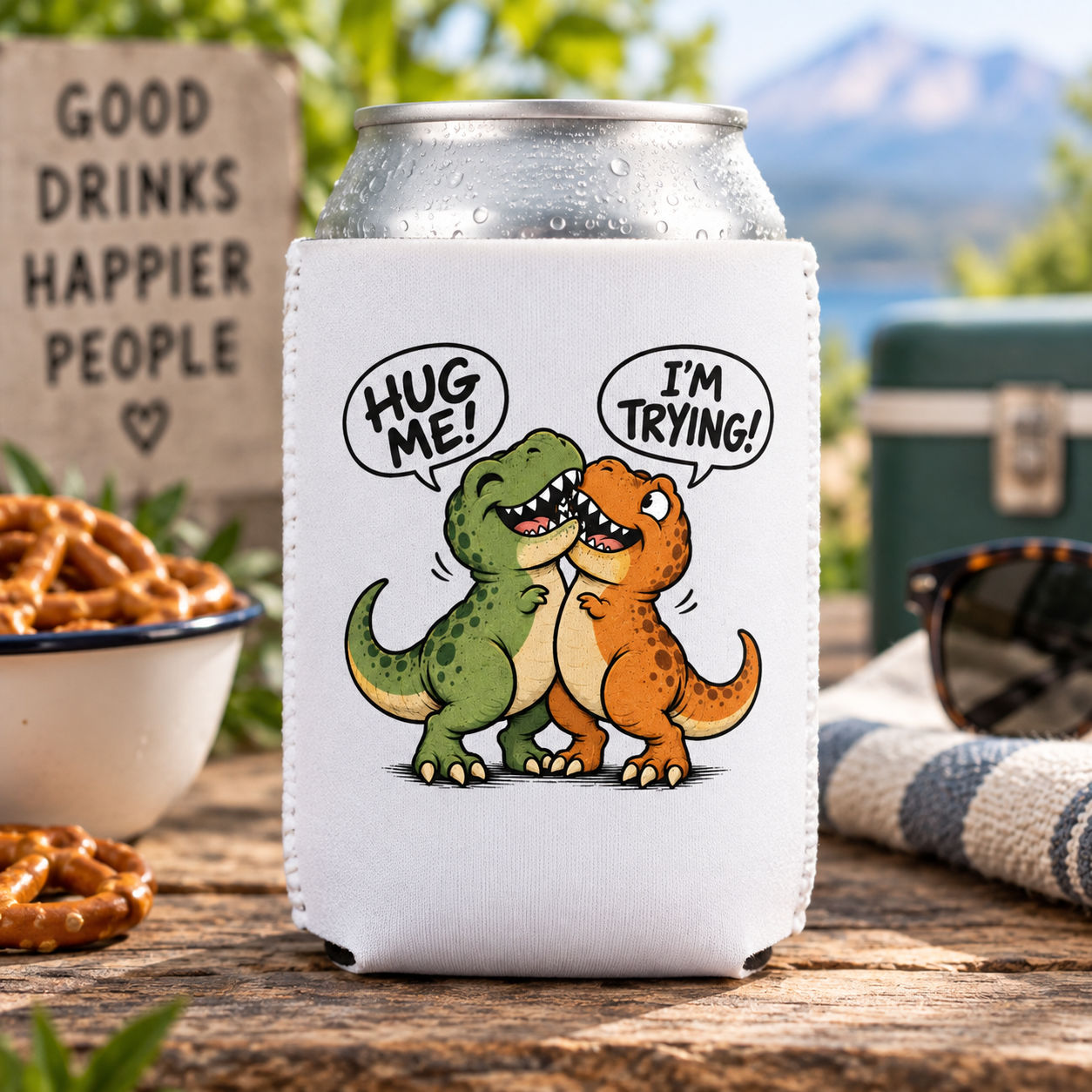 Hug Me I'm Trying dinosaur beer koozie