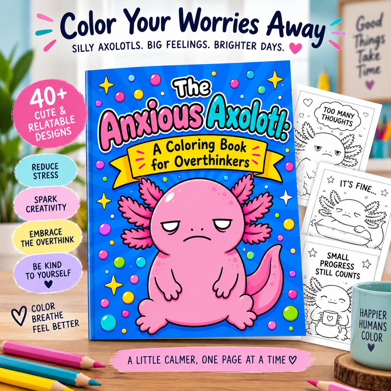 Anxious Axolotl adult coloring book cover