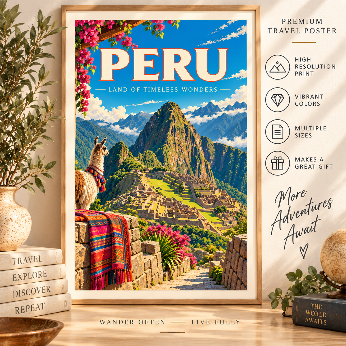 Peru travel poster featuring Machu Picchu