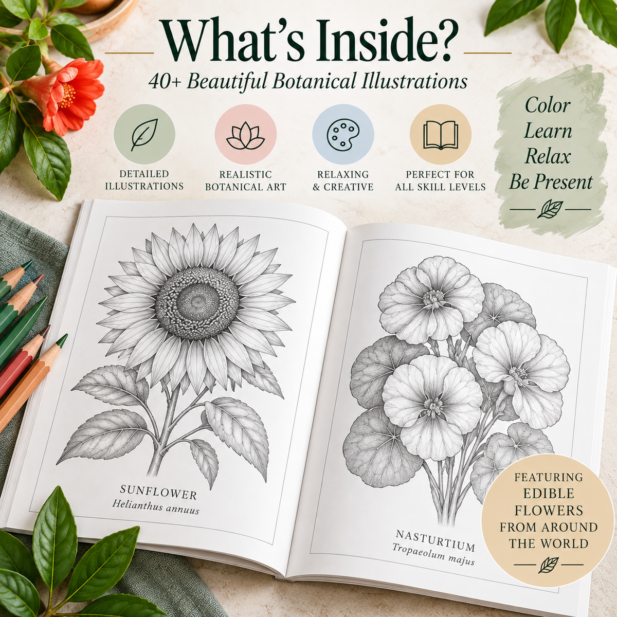 Edible Flowers botanical coloring book cover