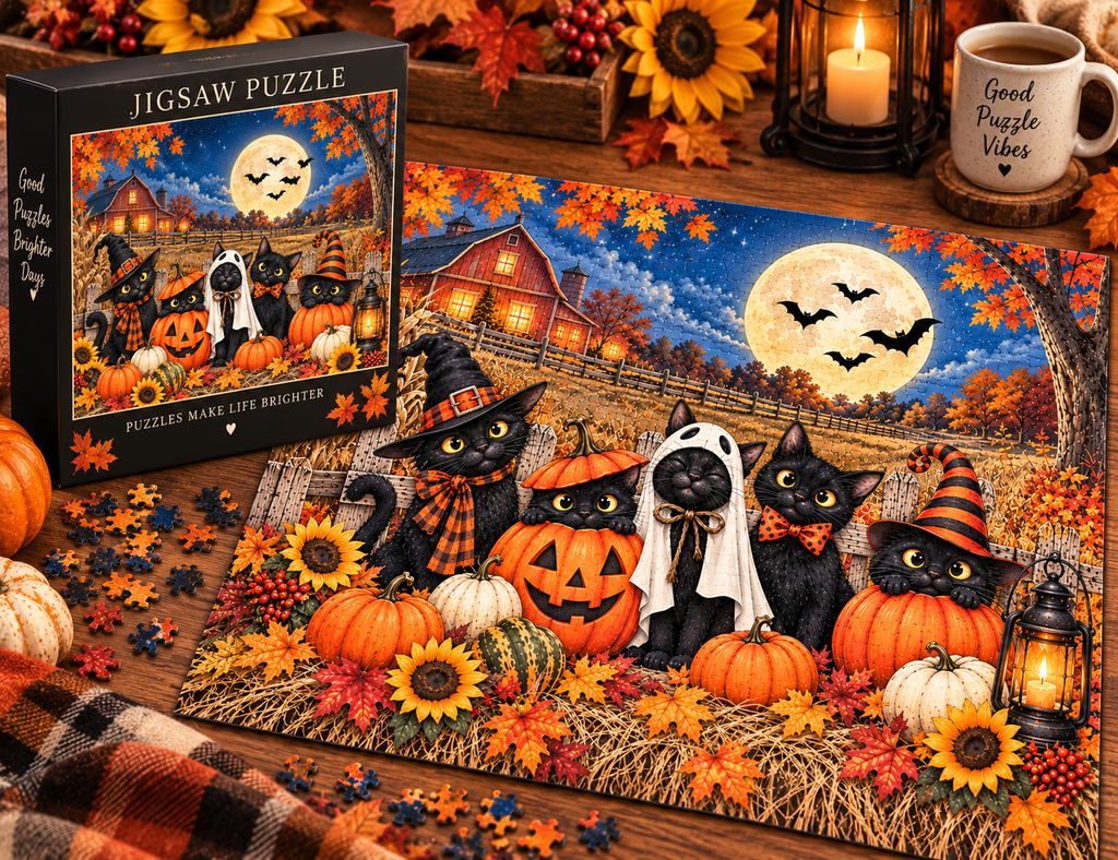 Halloween Black Cat Jigsaw Puzzle – Cute Fall Cat Puzzle