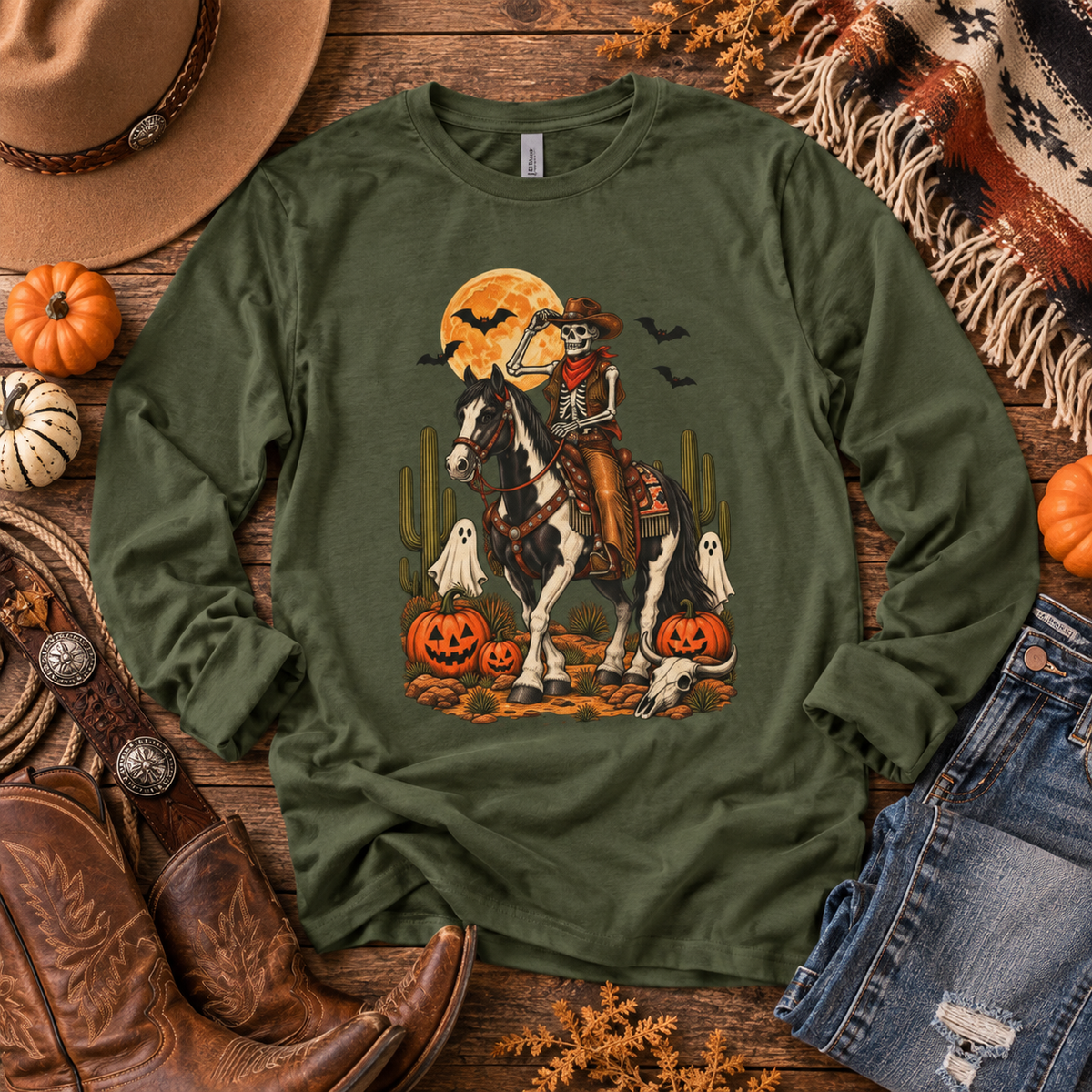 Western Halloween Horse Shirt | Spooky Cowboy Skeleton Tee | Horse Lover Halloween Shirt | Equestrian Fall Long Sleeve