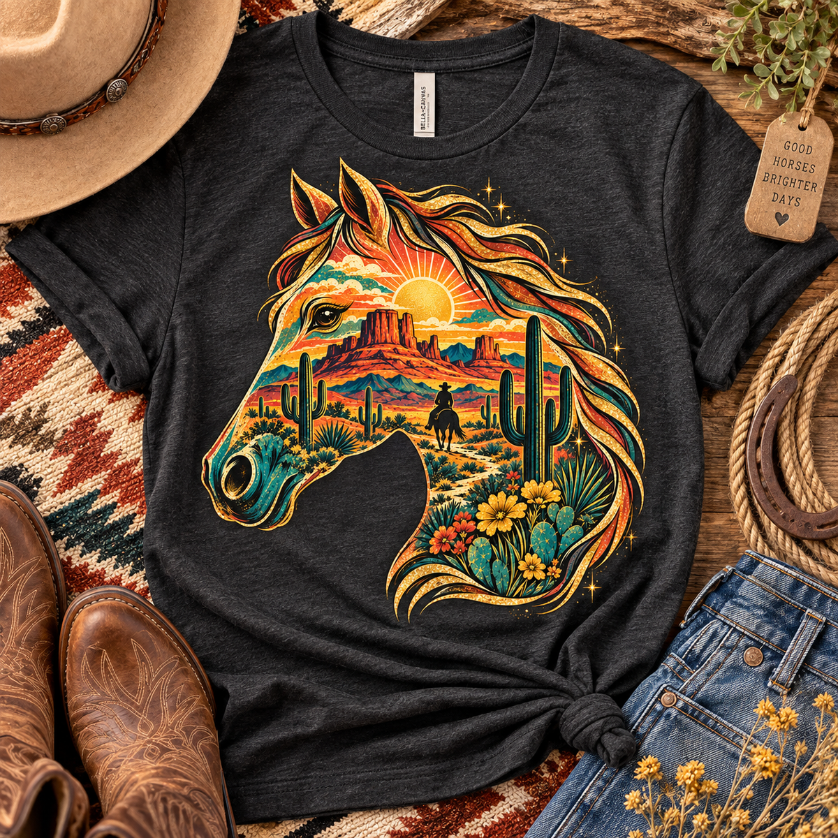 Western Horse T-Shirt – Colorful Desert Horse Graphic Tee, Southwestern Equestrian Shirt, Horse Lover Gift