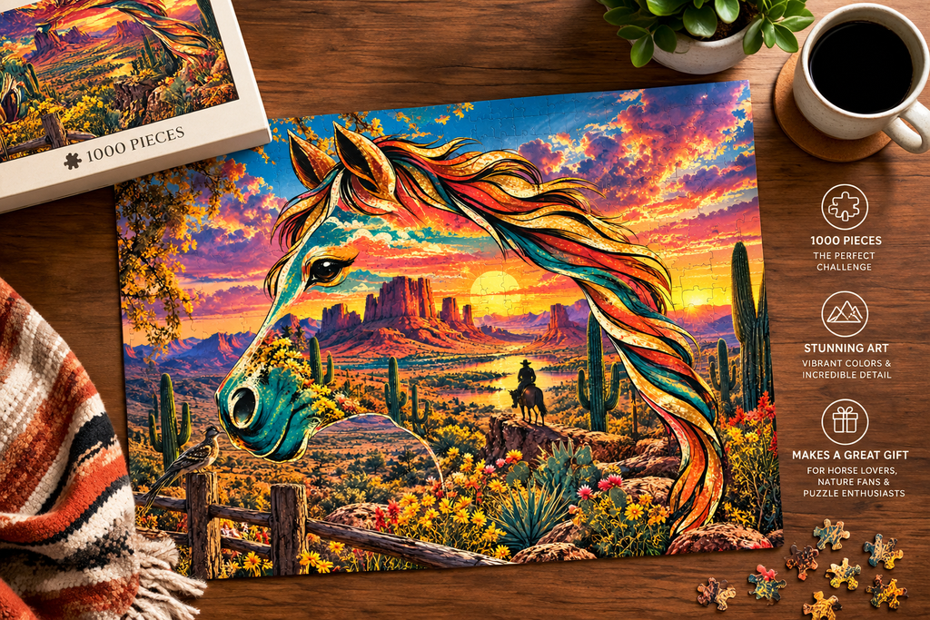 Desert Sunset Horse Puzzle — Scenic Southwestern Landscape Jigsaw (1014 pcs)