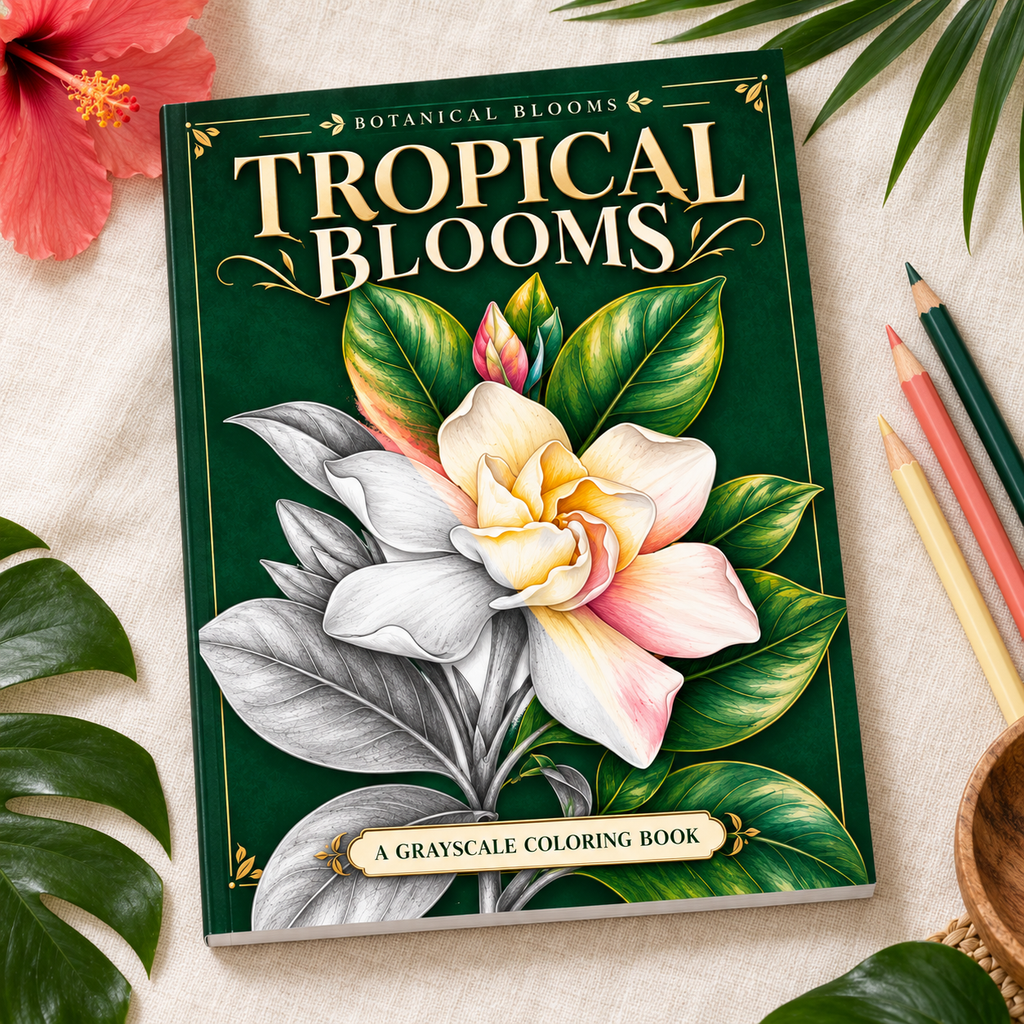 Tropical Blooms Mini Grayscale Coloring Book for Adults | Botanical Flower Coloring Book