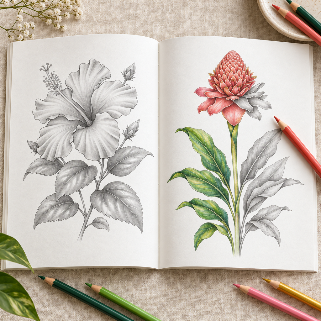 Tropical Blooms Mini Grayscale Coloring Book for Adults | Botanical Flower Coloring Book