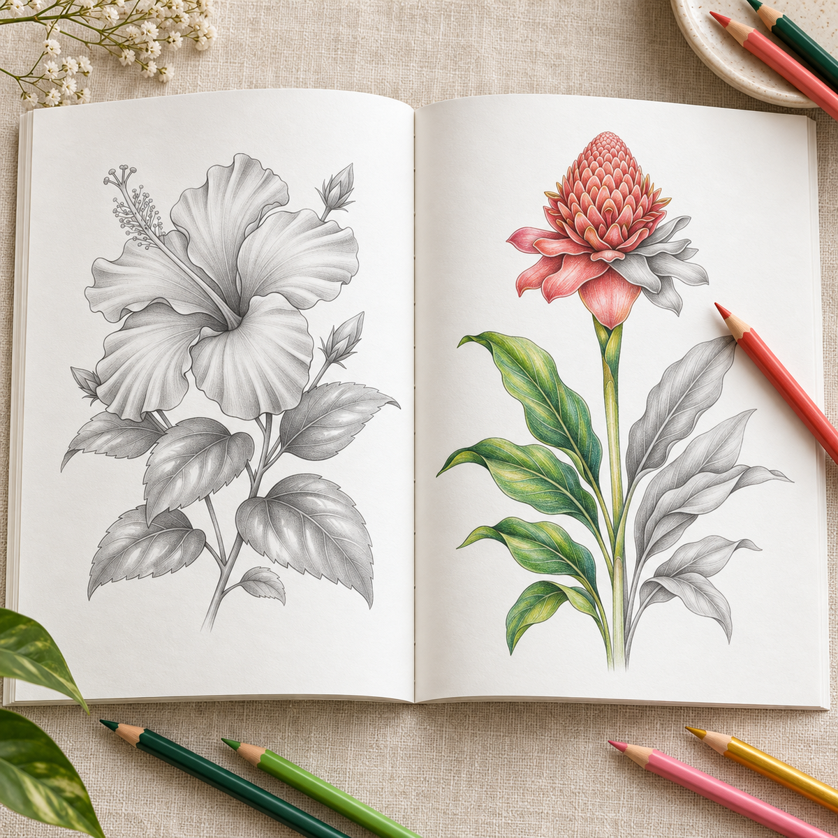 Tropical Blooms Mini Grayscale Coloring Book for Adults | Botanical Flower Coloring Book
