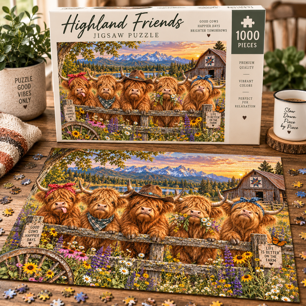 Highland Cow Jigsaw Puzzle – Funny Farm Cow Puzzle, Colorful Country Landscape, Highland Cattle Gift