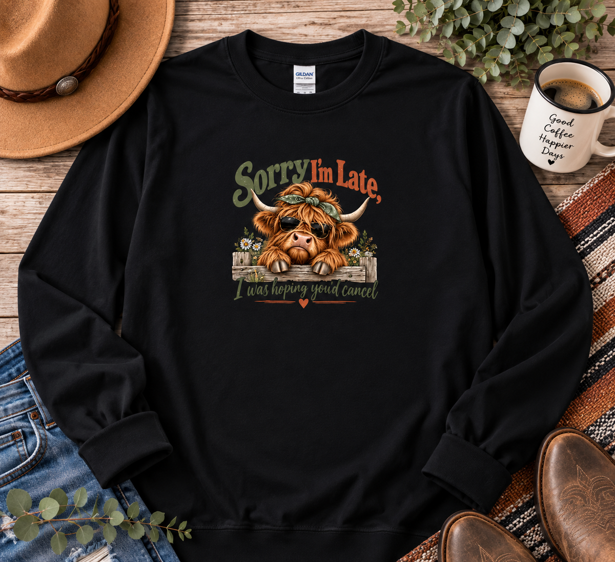 Sorry I’m Late T‑Shirt — Funny Highland Cow Graphic Tee