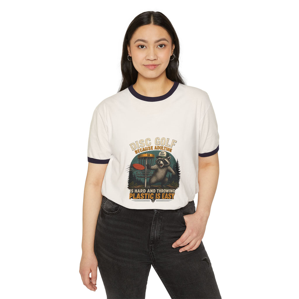 Disc golf ringer tee with retro raccoon graphic