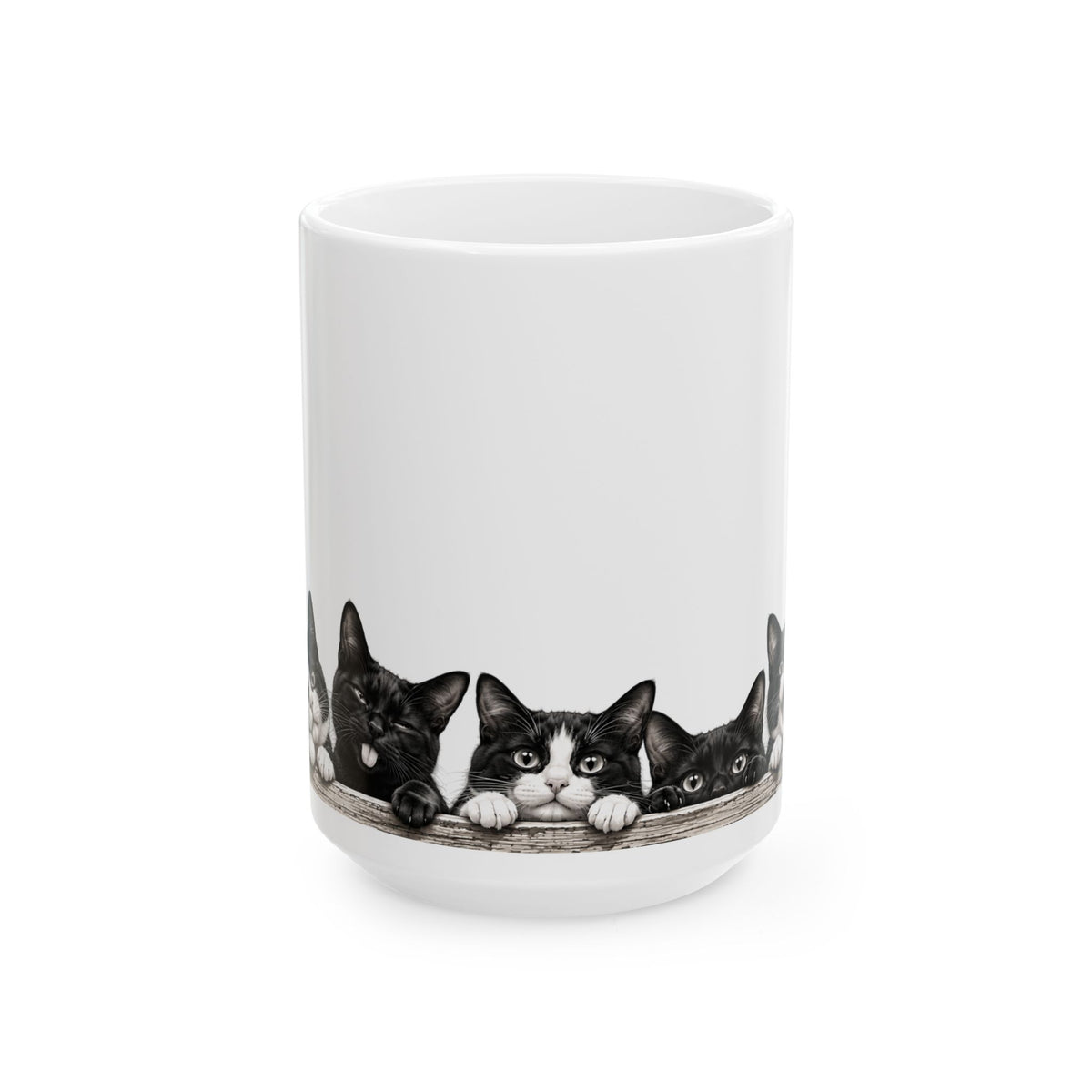 Peekaboo Kittens Ceramic Mug — Cute Black & White Cat Coffee Cup 15 oz