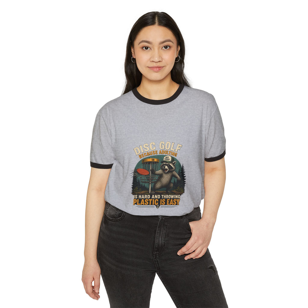 Disc golf ringer tee with retro raccoon graphic
