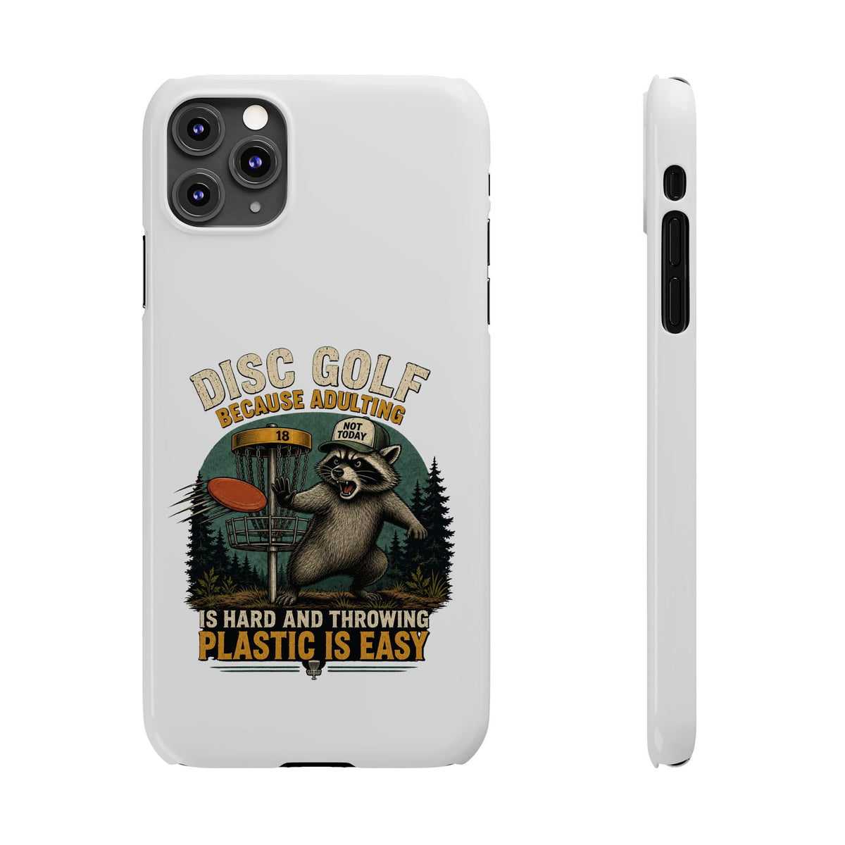 Slim phone case with disc golf raccoon design