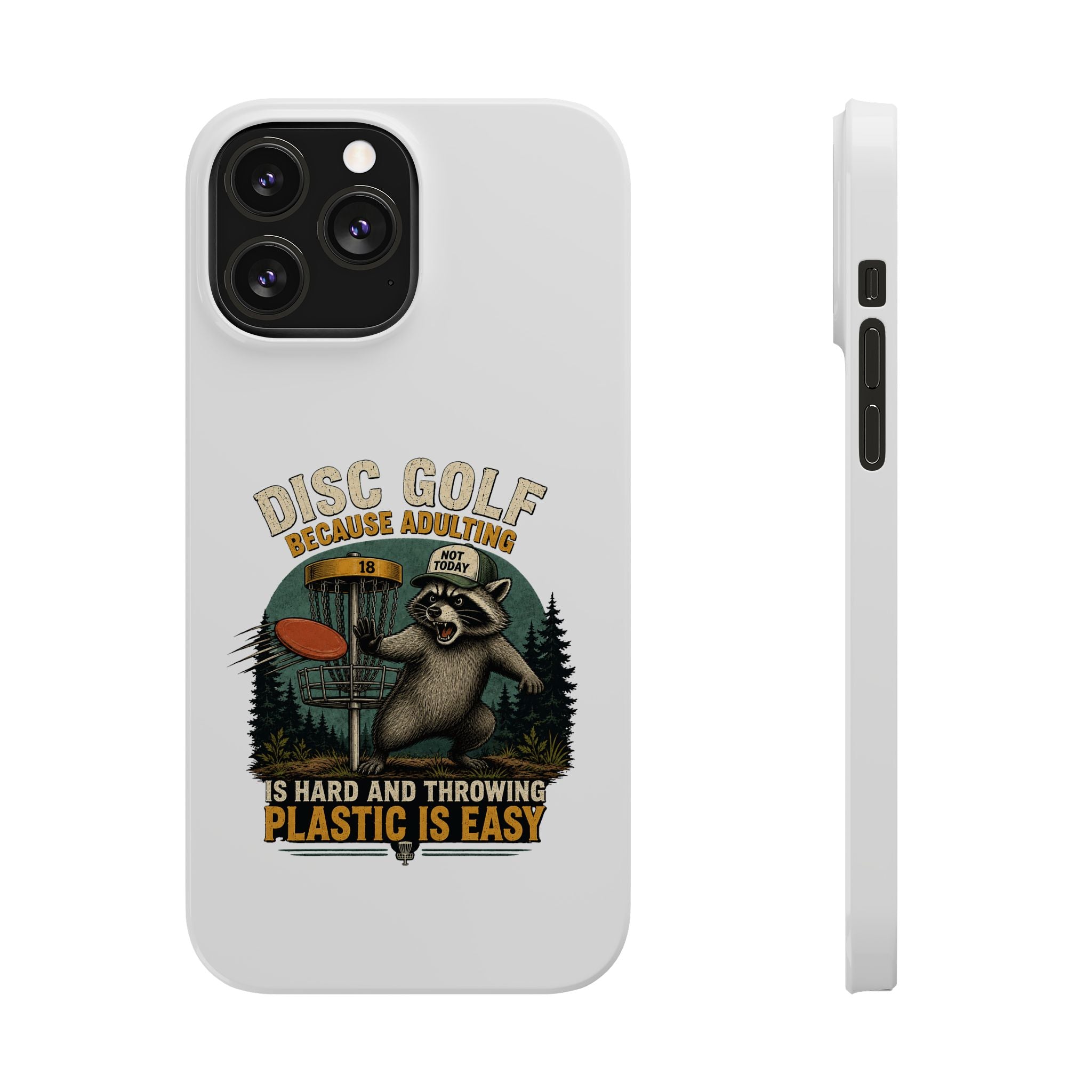 Slim phone case with disc golf raccoon design