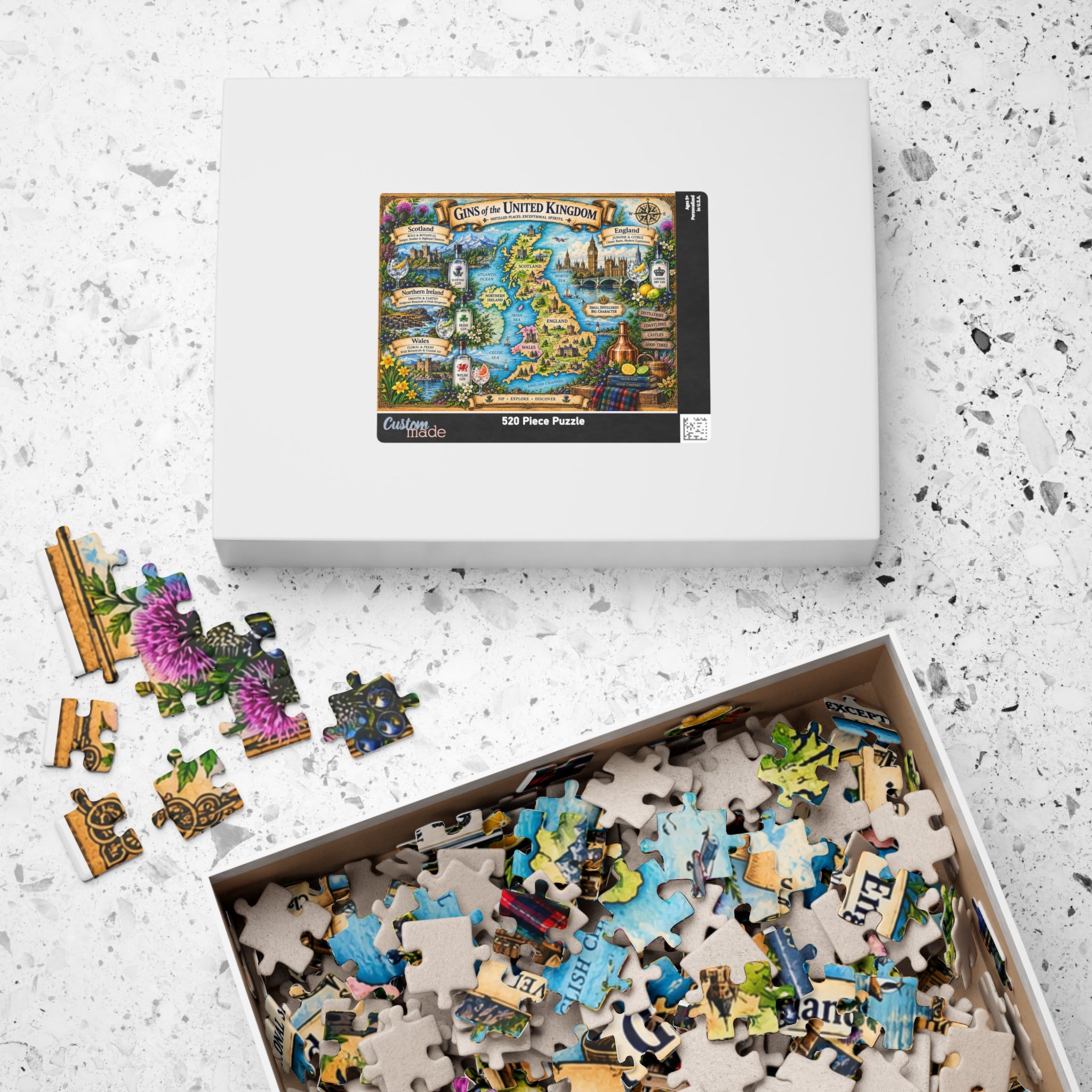 Gins of the United Kingdom Puzzle | UK Gin Map Jigsaw Puzzle | British Travel Gift | Gin Lover Gift | Adult Puzzle | England Scotland Wales