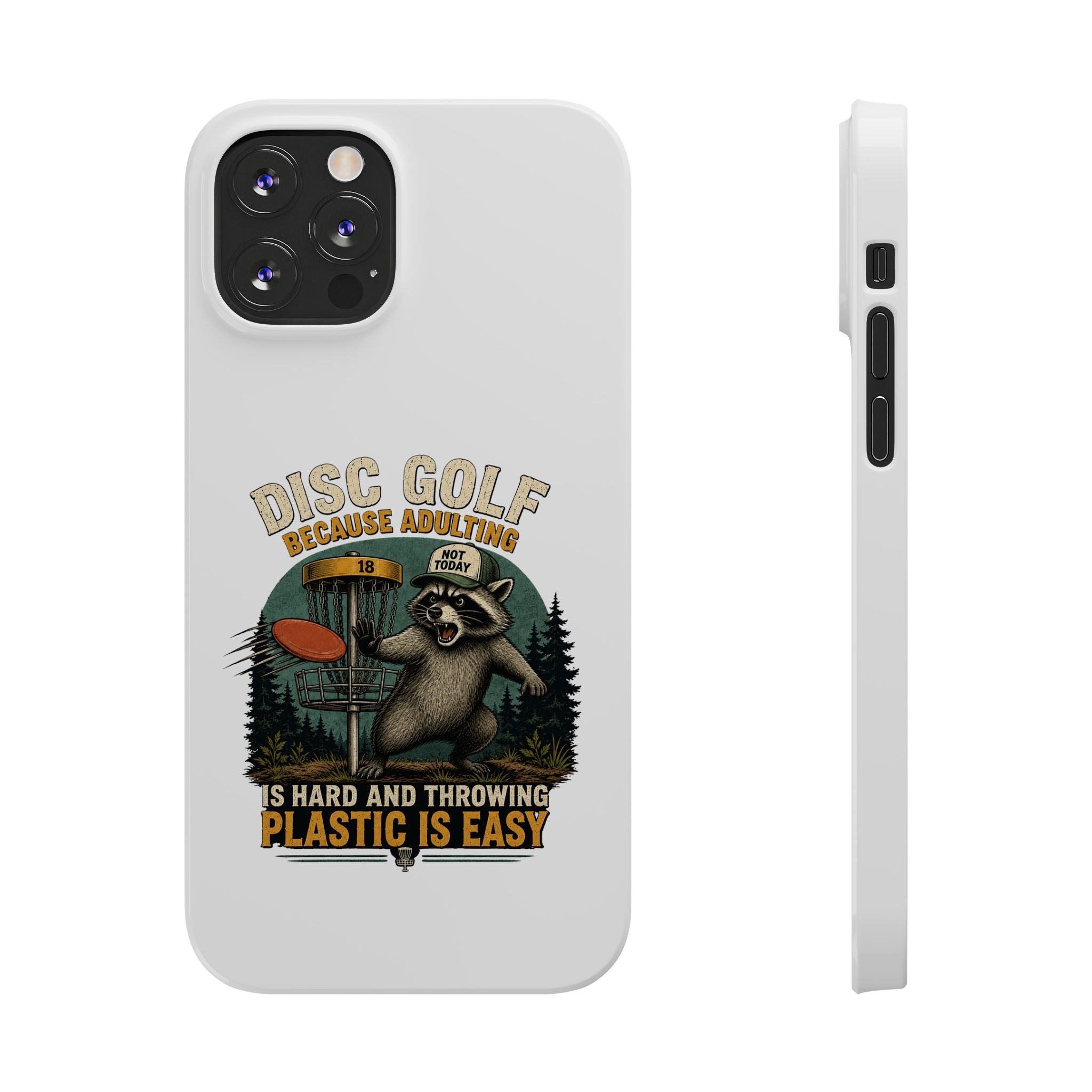 Slim phone case with disc golf raccoon design