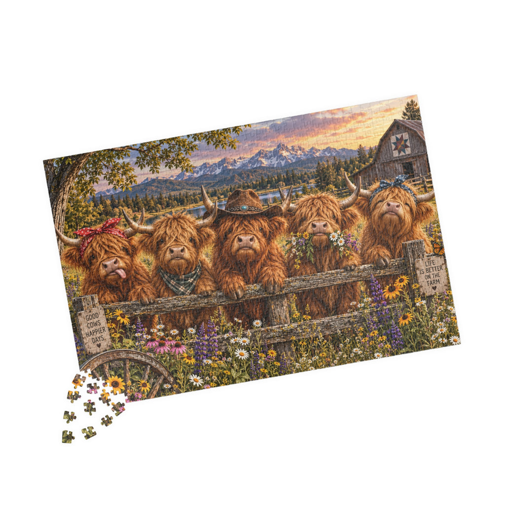 Highland Cow Jigsaw Puzzle – Funny Farm Cow Puzzle, Colorful Country Landscape, Highland Cattle Gift