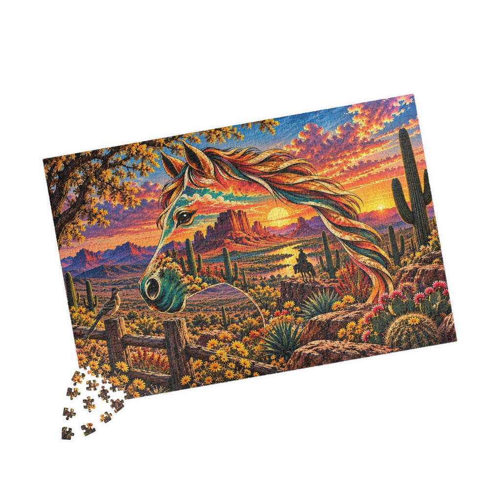 Desert Sunset Horse Puzzle — Scenic Southwestern Landscape Jigsaw (1014 pcs)