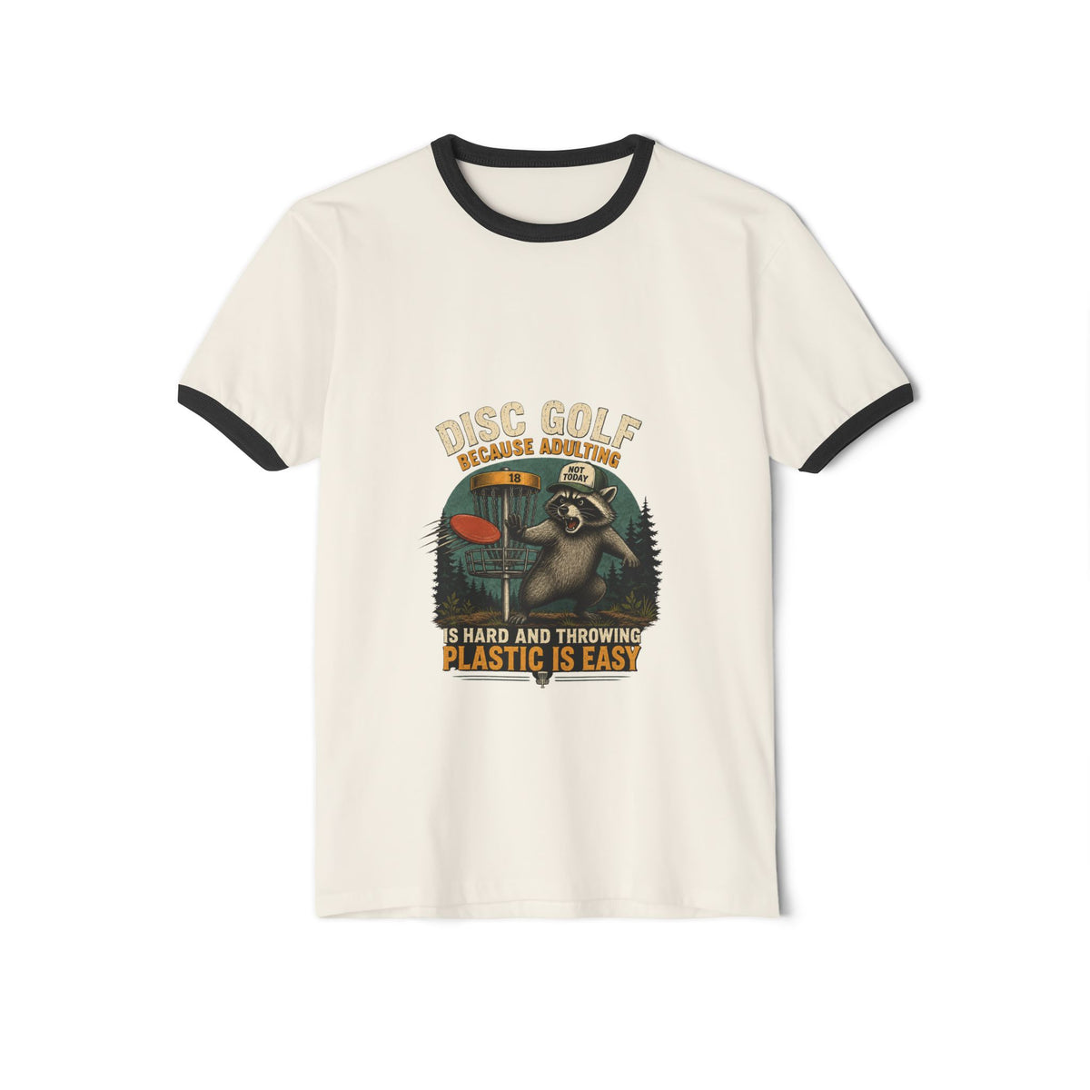 Disc golf ringer tee with retro raccoon graphic