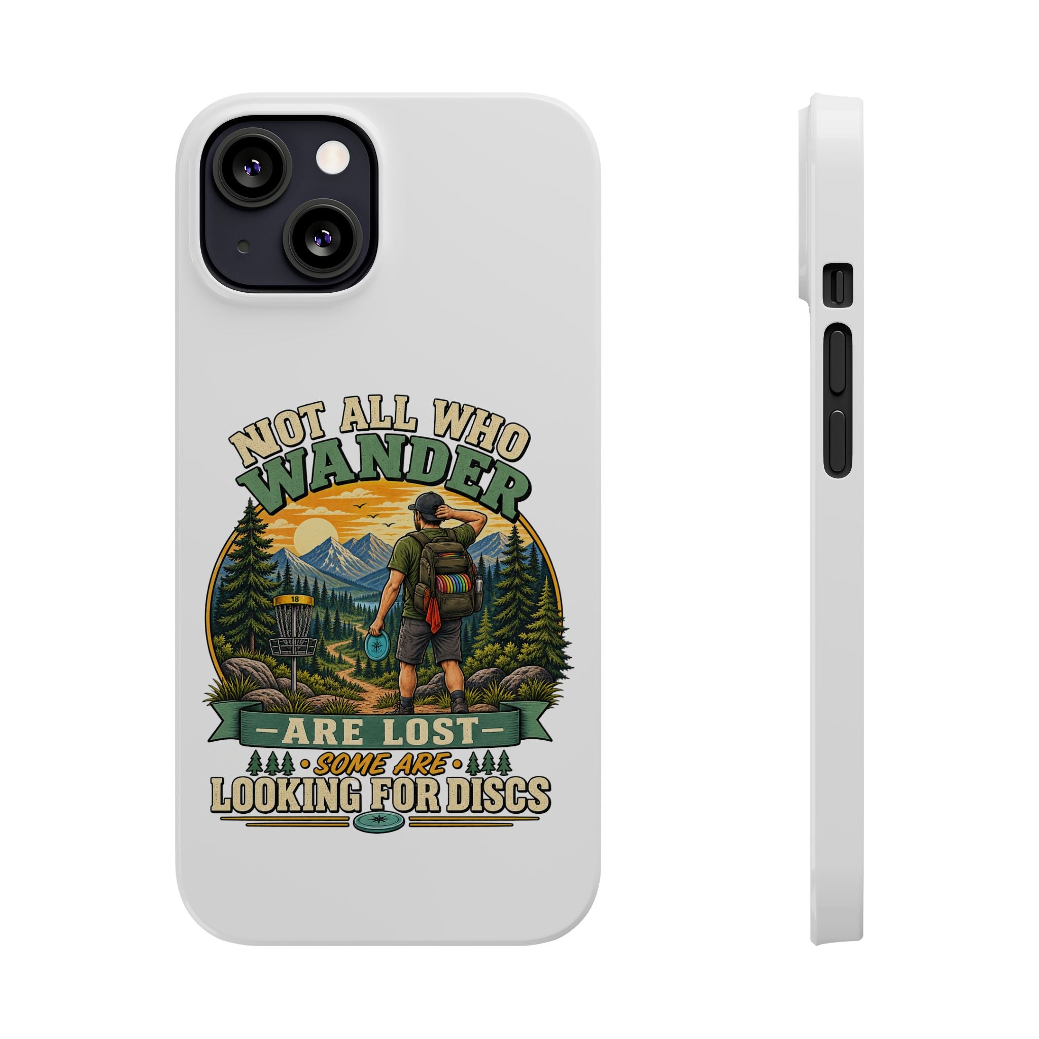 Slim phone case with hiking disc golf design