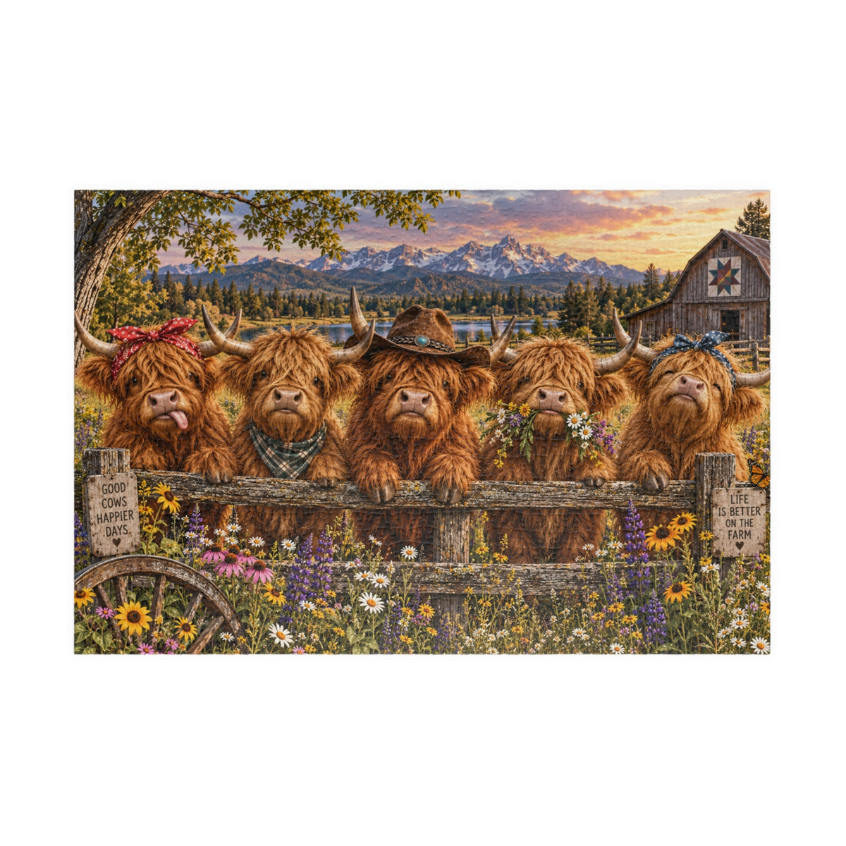 Highland Cow Jigsaw Puzzle – Funny Farm Cow Puzzle, Colorful Country Landscape, Highland Cattle Gift
