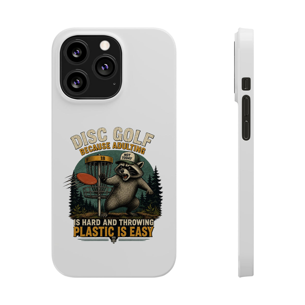 Slim phone case with disc golf raccoon design