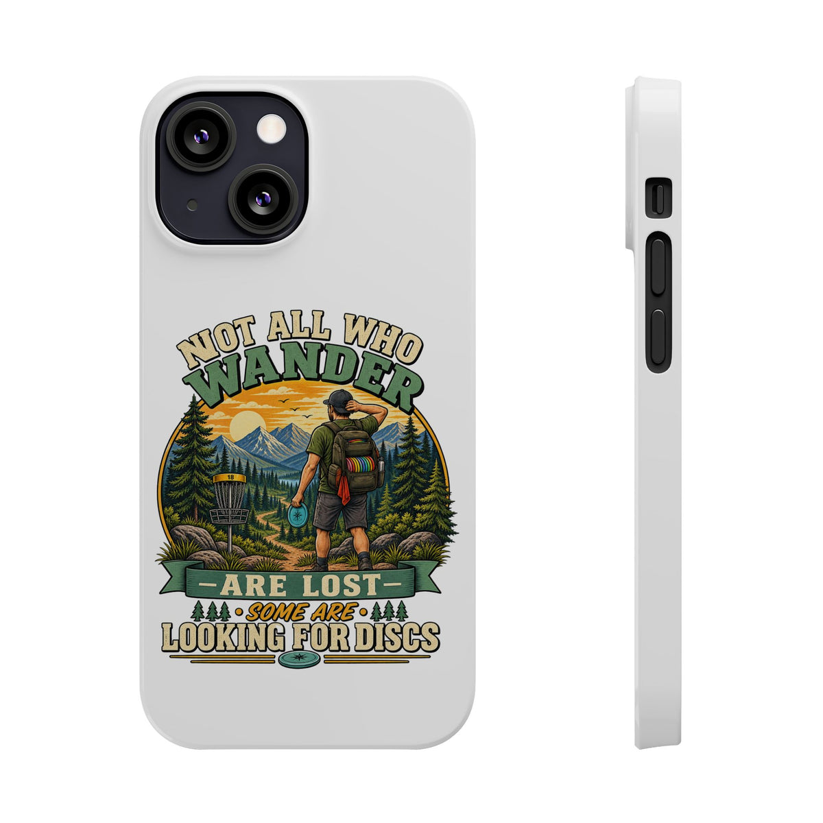 Slim phone case with hiking disc golf design
